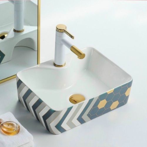 LAVABO VUÔNG XANH CÓ HỌA TIẾT 